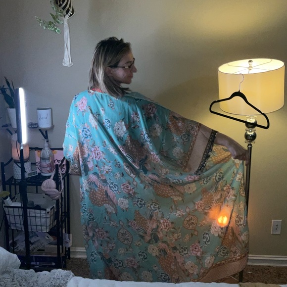 One size kimono swimsuit bodysuit cover sheer Turquoise with 10 lining accents - Picture 4 of 10